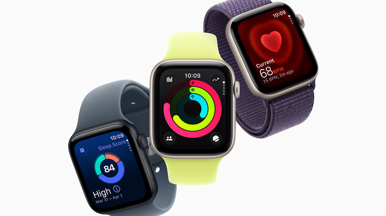 A hero image of three Apple Watch SE 3 models with different bands and showing different features.