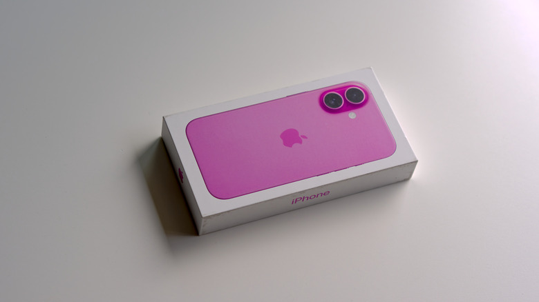 A pink iPhone 16's box.