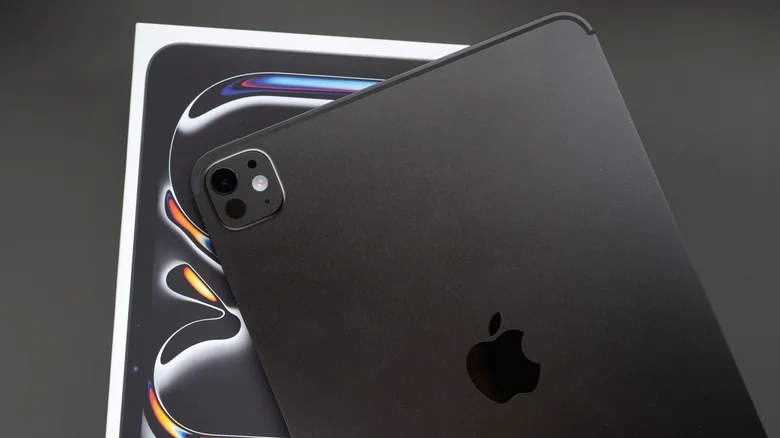 The rear of an iPad Pro M4, above its box.