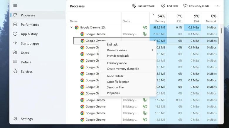 A Windows Task Manager window, showing Google Chrome processes and the context window required to end one of the processes.