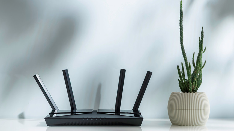 Black router on table with a potted plant nearby.