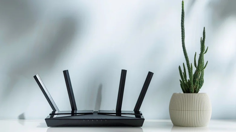 Black router on table with a potted plant nearby.