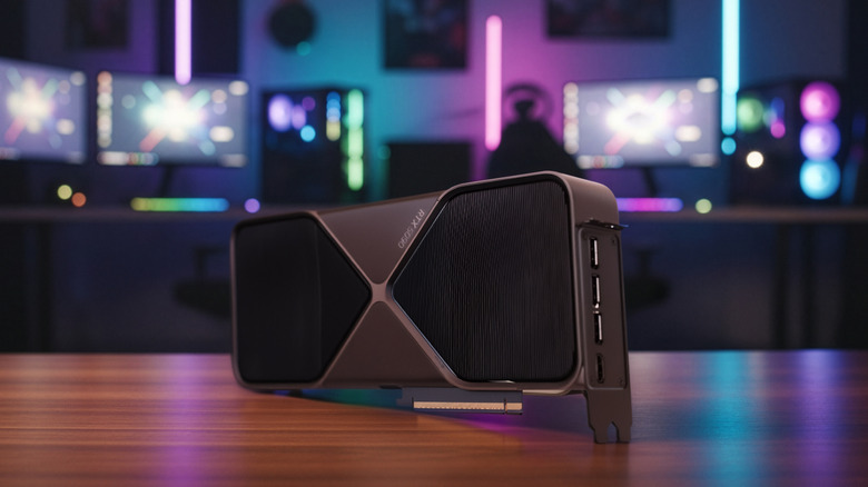 NVIDIA RTX 5090 GPU on a wooden desk.