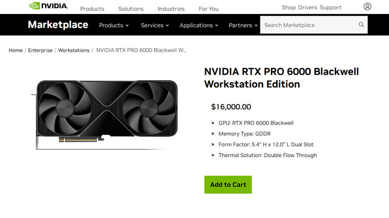 NVIDIA Marketplace listing the RTX PRO 6000 Blackwell Workstation Edition for $16,000.
