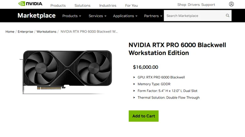 NVIDIA Marketplace listing the RTX PRO 6000 Blackwell Workstation Edition for $16,000.