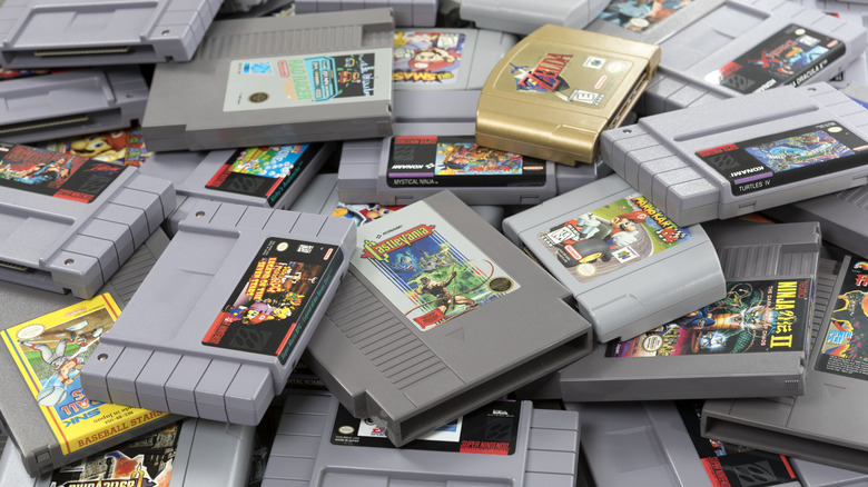 A pile of retro Nintendo games for the N64, NES, and SNES.