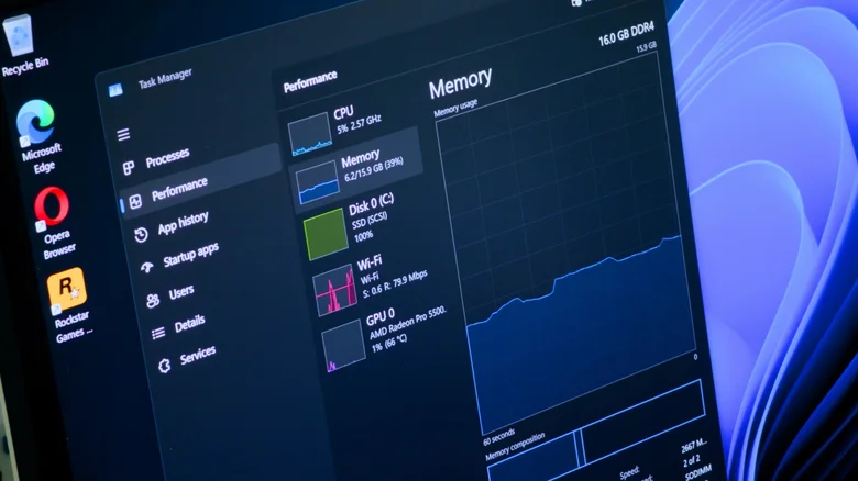 Windows 11 Task Manager showing hardware resource usage, like CPU and RAM.