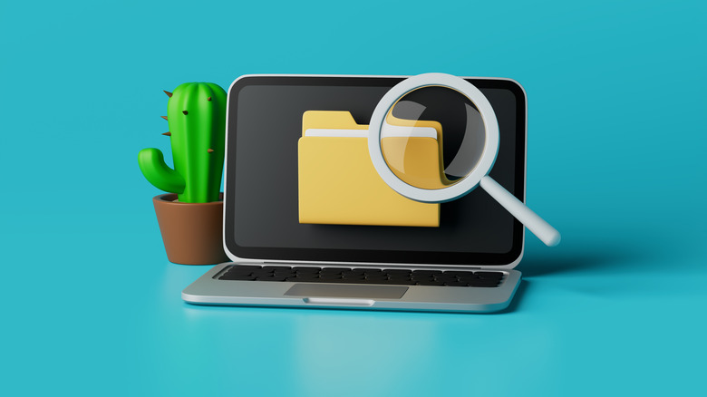 A file icon on a cartoon laptop with a magnifying glass looking at it.