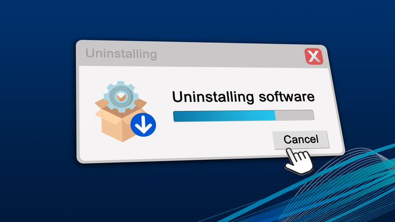 "Uninstalling Software" message on a cartoon computer dialog box.