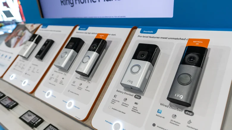 A lineup of Ring cameras in a store.