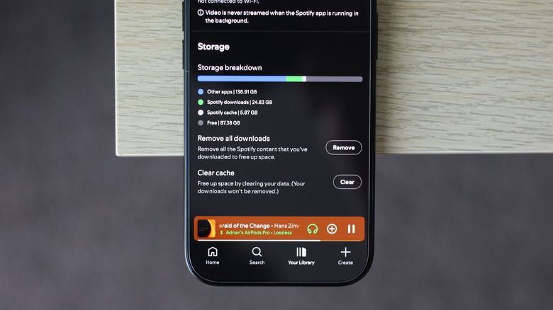 Spotify displaying downloaded music storage usage on an iPhone.