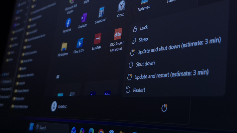 Windows 11 shutdown and restart options in the Start Menu, prompting to install an update.