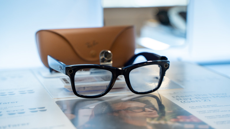 A pair of Ray-Ban Meta smart glasses on display.