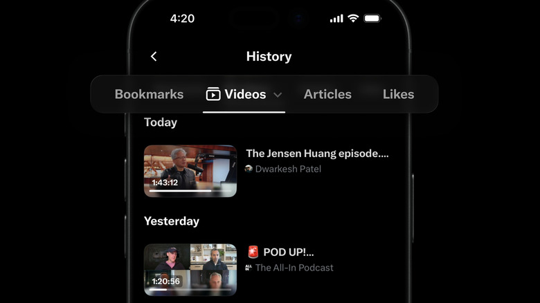 A screenshot of the new history tab on X's iOS app, showing sections for bookmarks, videos, articles and likes.