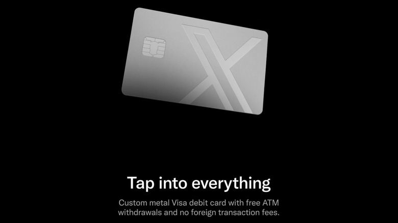 Screenshot from an X Money promo video. The X Money metal debit card floats on a black background with the caption 