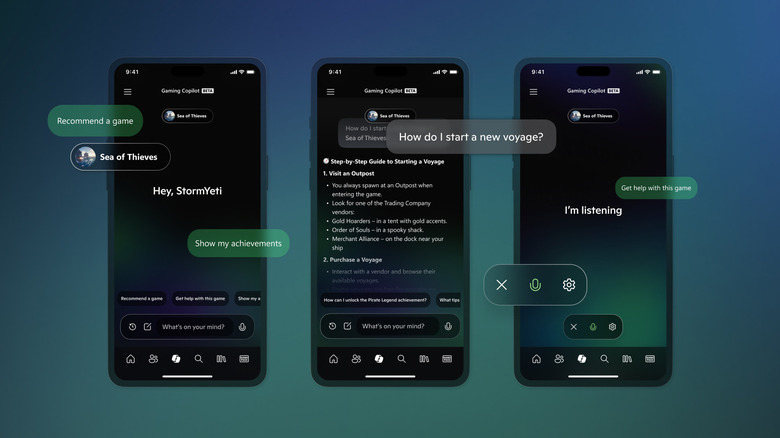 Renders of the different interactions you can have with Copilot in the Xbox app.