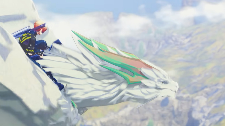 A character rides a big white dragon in the sky.