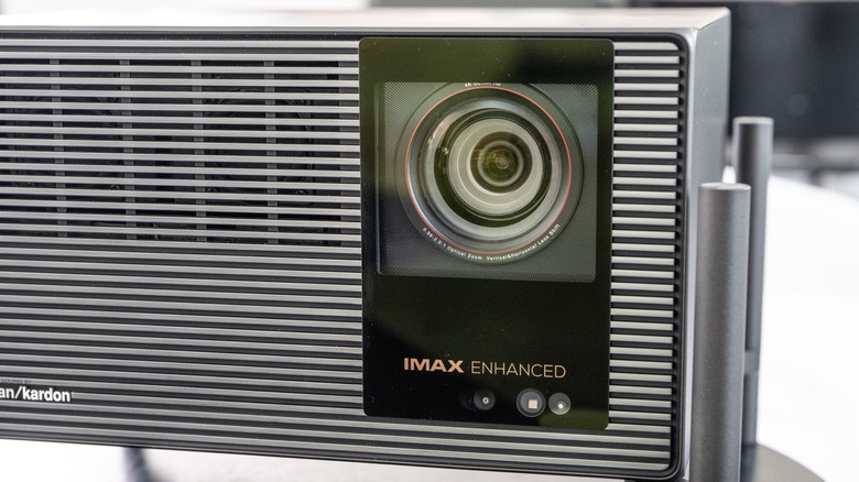Closeup of XGIMI Titan Noir Max showing Imax enhanced logo and lens