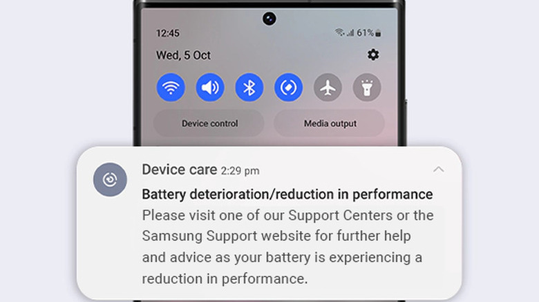 Samsung Galaxy Device care notification warning of battery deterioration and reduced performance.