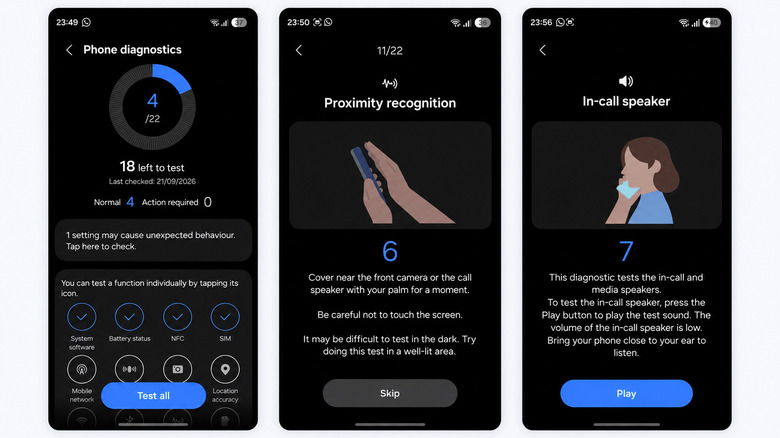 Galaxy Phone diagnostics screen beside the proximity recognition and in-call speaker tests.