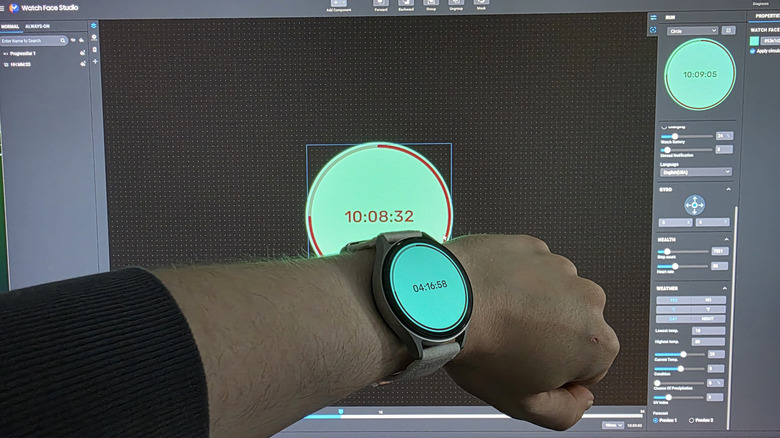 A custom watch face installed on Galaxy Watch7 held up in front of a screen with the same design loaded in Watch Face Studio