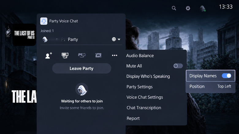 PS5 Party Voice Chat menu shows Display Names enabled and Position set to Top Left.