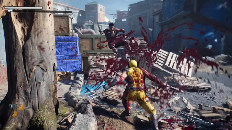 Screenshot from Marvel's Wolverine. Blood flies as the hero sends an enemy flying.