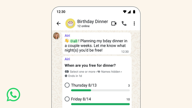 Illustration showing a WhatsApp conversation on a smartphone screen with an @all ping and a poll for planning a dinner outing.