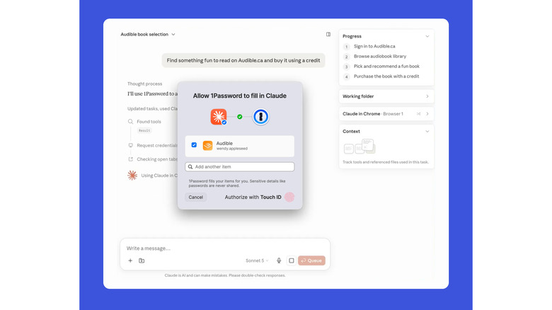 Login screen shows permission box stating 'Allow 1Password to fill in Claude'