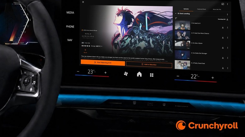 A Crunchyroll menu screen on a car infotainment system.