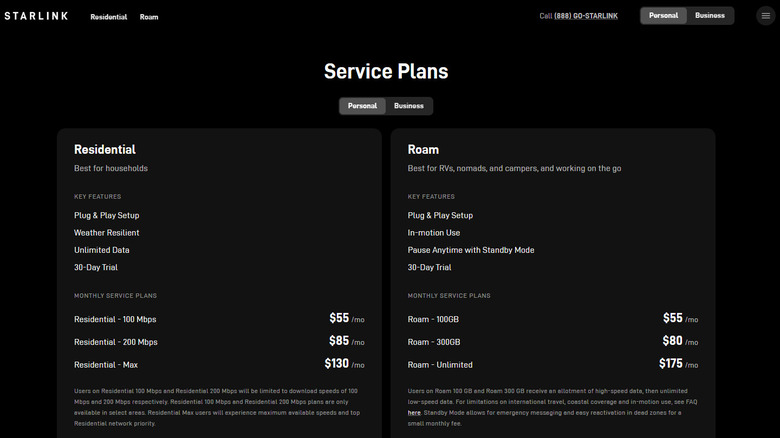 Starlink Personal Service Plans comparison.