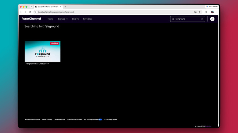 The Roku Channel search results showing Fairground AI Creator TV as a live channel.