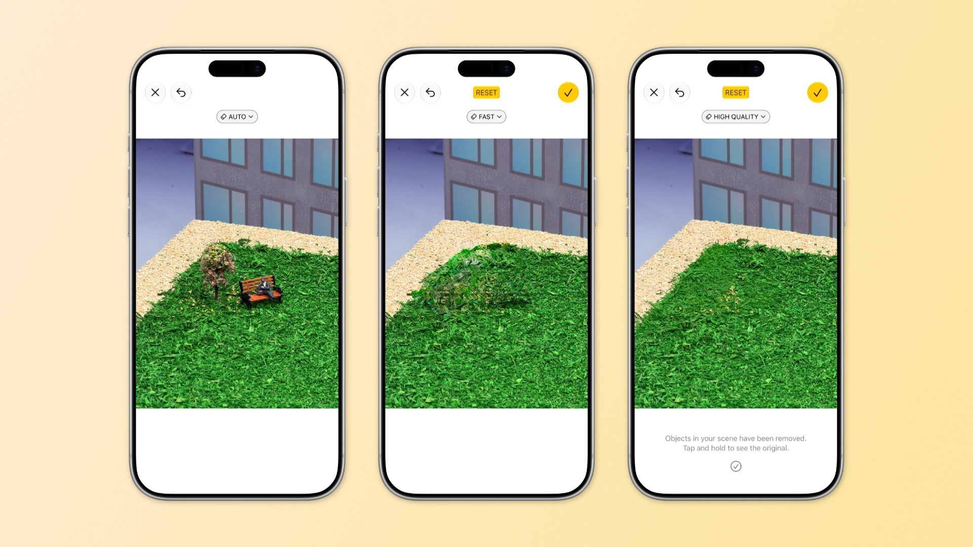 Original photo (left) vs. Fast edit (center) vs. High Quality edit (right)