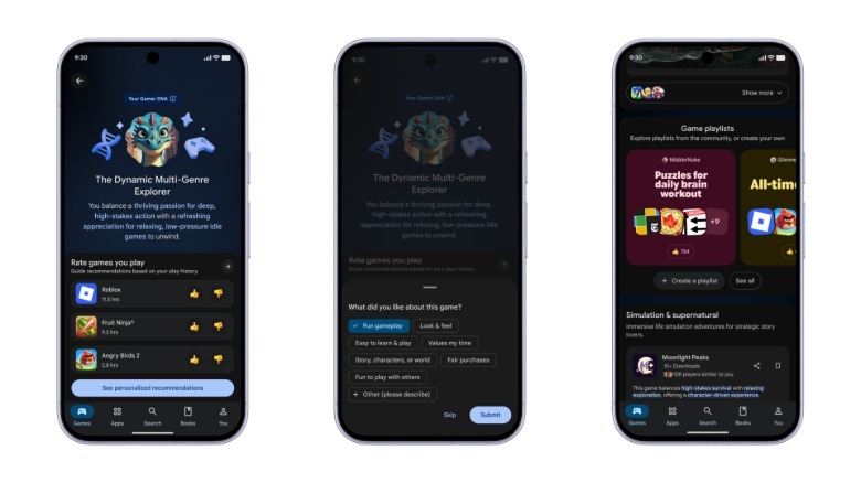 The Gamer DNA and Game Playlists in the Play Store's new Game Finder feature.