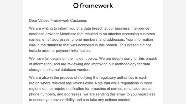 A screenshot of the email Framework sent to customers warning them about the breach.
