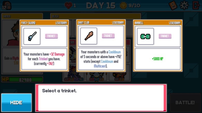 Trinket selection in Batomon Showdown.