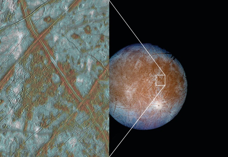 An image of Jupiter's moon Europa with a square selection zoomed in to show surface texture