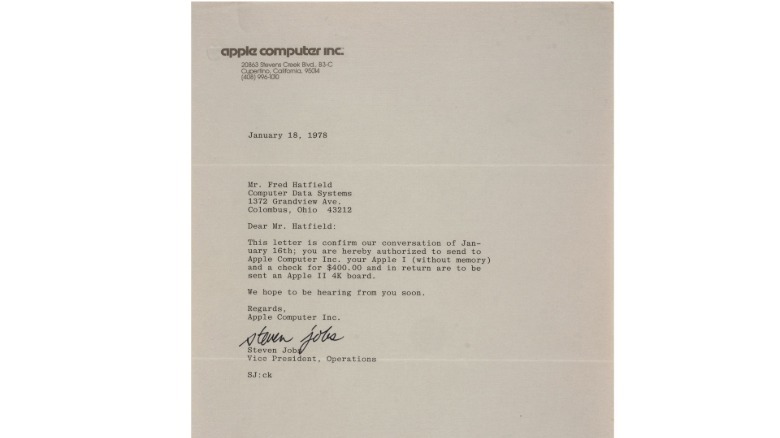 Apple l letter from Steve Jobs asking Hatfield to upgrade