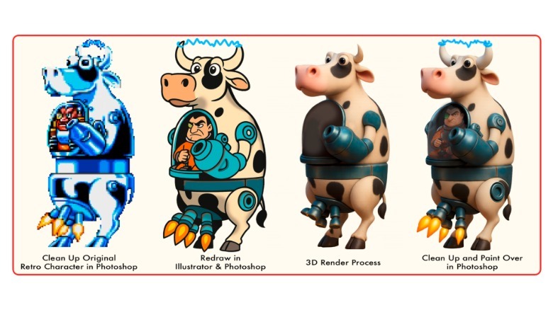 An illustration explaining System 3's method for converting James Pond art to 3D.