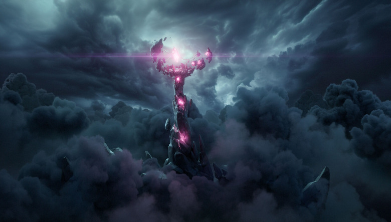 A forboding tower shining in violet through dark stormclouds