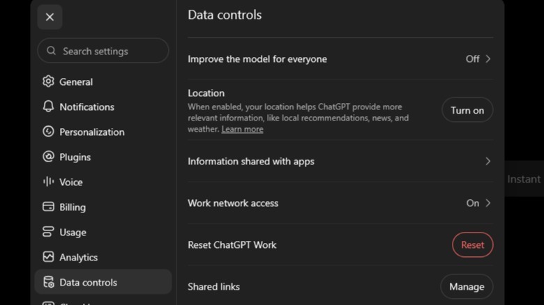 A screenshot of ChatGPT's data privacy settings.