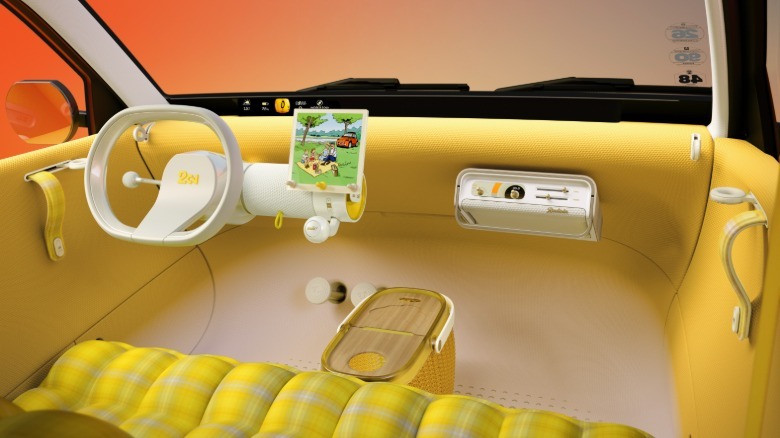 The bright yellow interior of Citroën's 2 CV Concept.