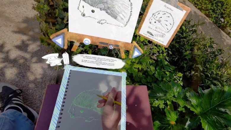 An virtual sketchbook app showing reference sketches and a drawing tablet.