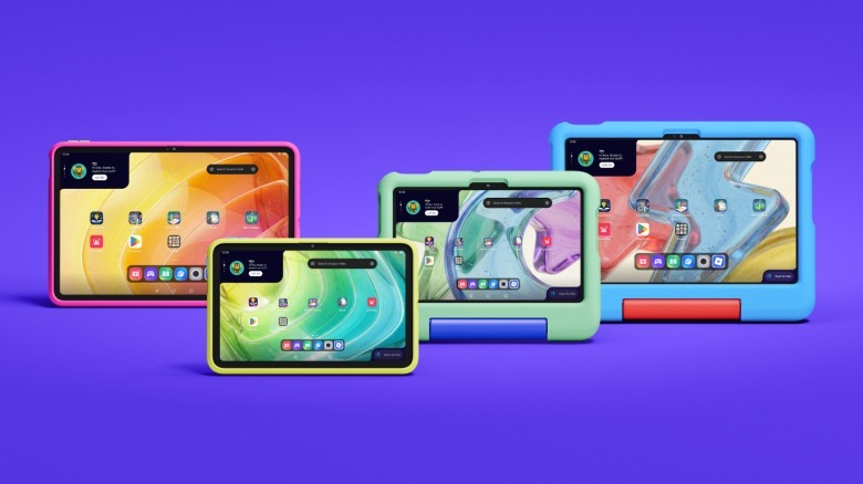 Tablets in various sizes with colorful cases.