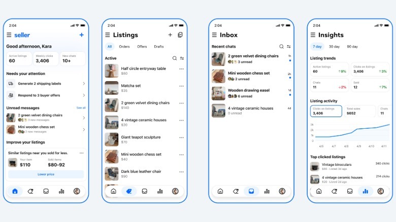 A screengrab showing new screens for the Seller Facebook Marketplace app