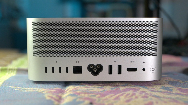 The Mac Studio M5 Ultra computer is shown from the back