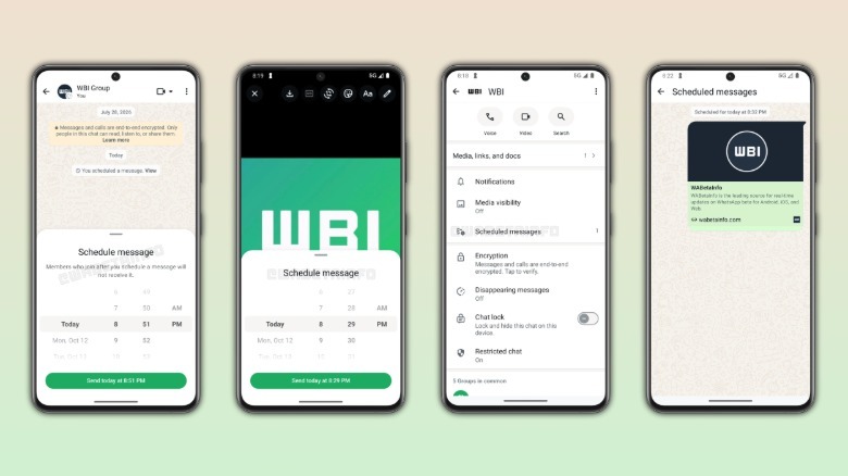 New WhatsApp screens showing message scheduling feature