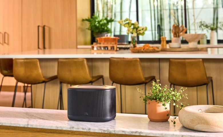 A speaker on a table.