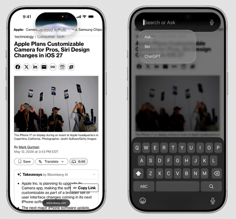 An illustration showing how the iPhone's new Search or Ask interface could look like in iOS 27.