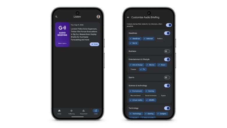 Two screenshots show how Google News users can customize their audio briefings.